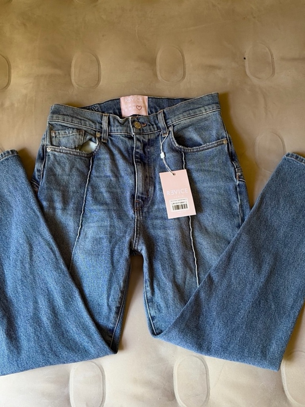 REVICE High-Rise Straight Leg Jeans in Blue Denim with Pink Tag
